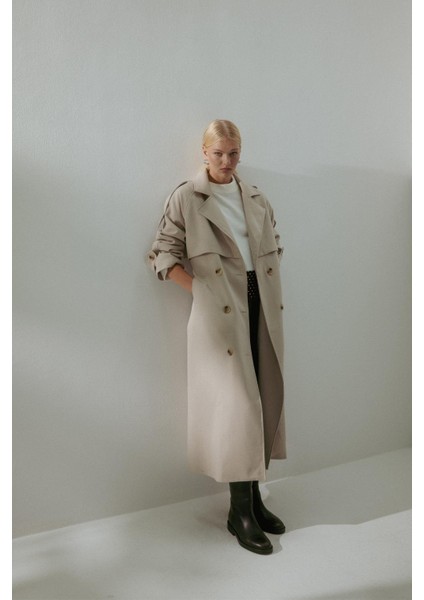 Çift Düğmeli Uzun Trenç Taş