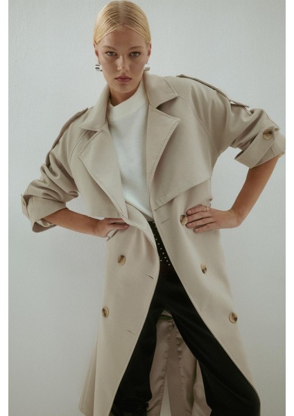 Çift Düğmeli Uzun Trenç Taş fiyatları