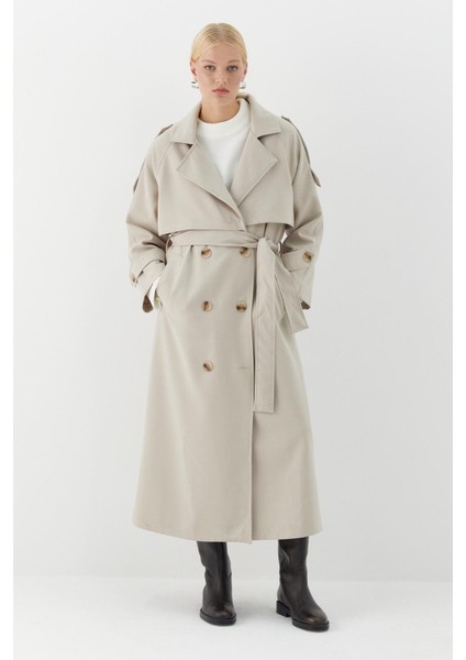 Çift Düğmeli Uzun Trenç Taş modelleri