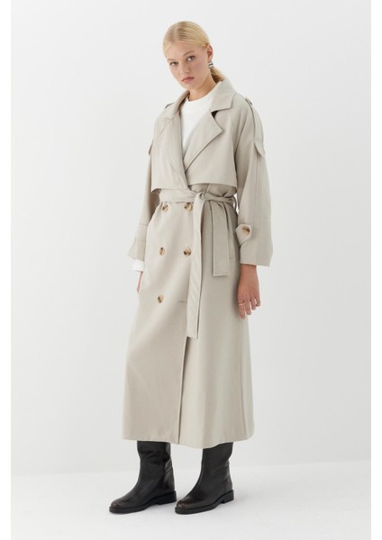 Çift Düğmeli Uzun Trenç Taş fırsatları