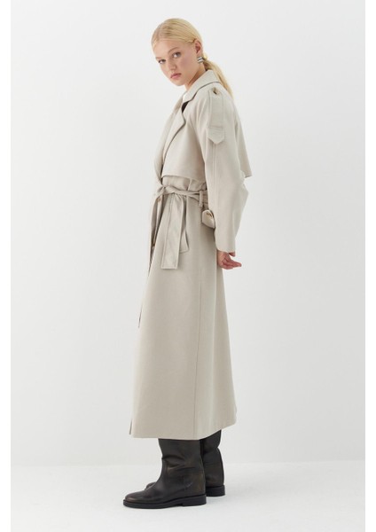 Çift Düğmeli Uzun Trenç Taş indirimleri