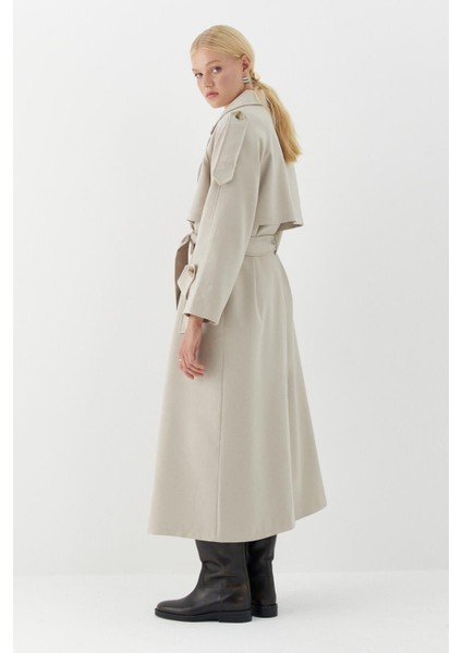 Çift Düğmeli Uzun Trenç Taş