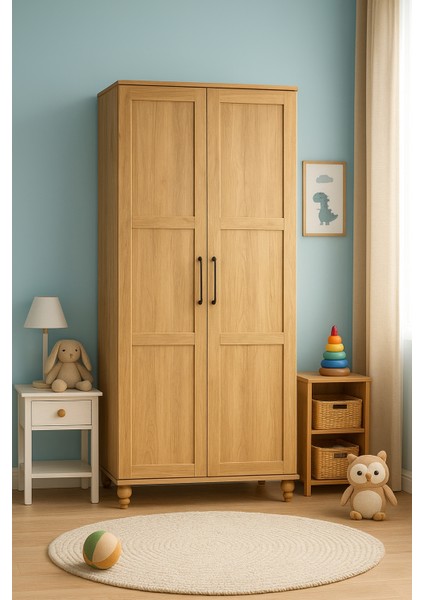 Alin Wood Genç Odası Dolabı MDF Malzeme ile 2 Kapaklı Doğal Ahşap Renk