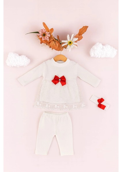 Bebek Kız Pamuklu 3’lü Takım – Dantel Detaylı Elbise, Tayt ve Fiyonklu Saç Bandı