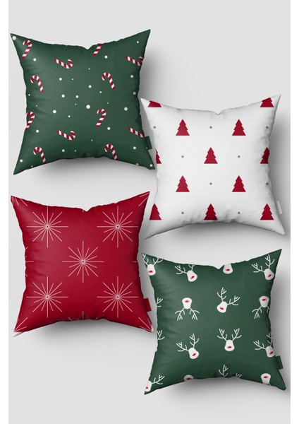 Yeşil Kırmızı Çam Ağacı ve Baston Şeker Yılbaşı 4'lü Kırlent Kılıfı Seti