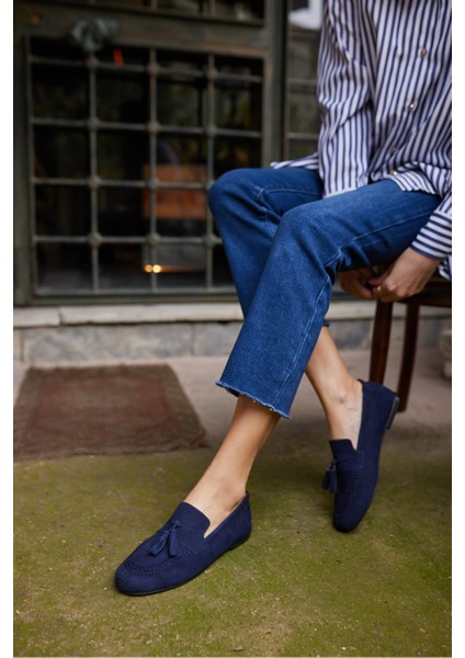 Albares Kadın Lacıvert Gercek Süet Puskullu Loafer modelleri