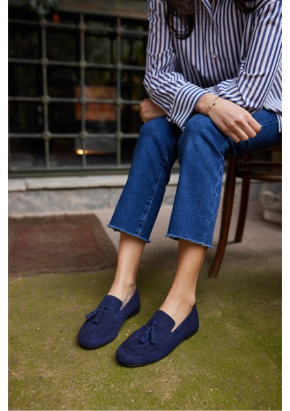 Albares Kadın Lacıvert Gercek Süet Puskullu Loafer fırsatları