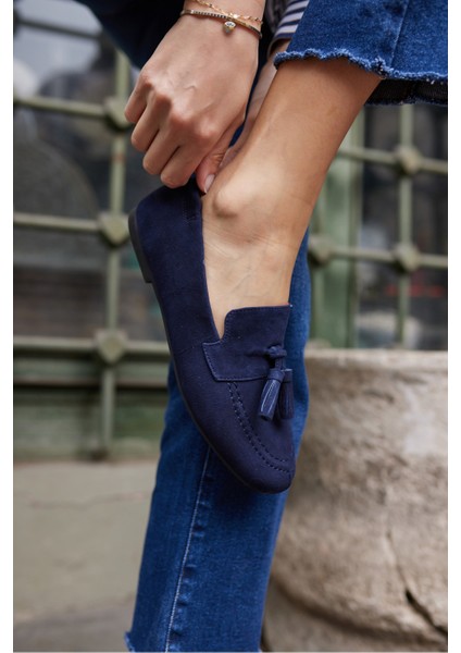 Albares Kadın Lacıvert Gercek Süet Puskullu Loafer