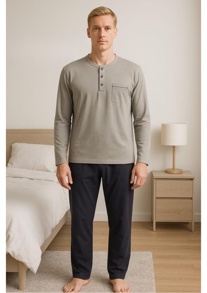 28301 Erkek 4 Mevsim Rahat Pamuklu Süprem Kumaş Uzun Kollu Pijama Takım
