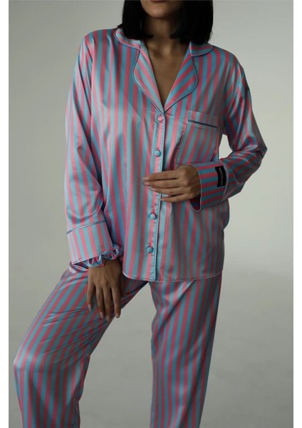Saten Fuşya-Mavi Renkli Kadın Pijama Takımı