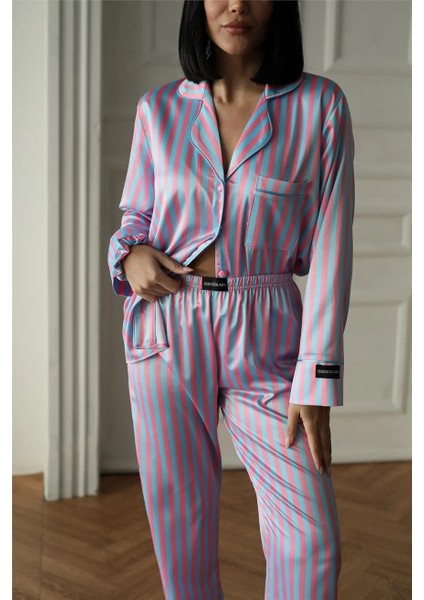 Saten Fuşya-Mavi Renkli Kadın Pijama Takımı modelleri