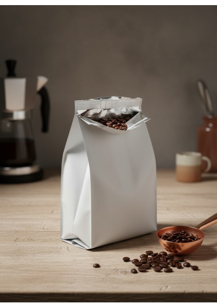 Beyaz Metalize Sırt Kaynaklı Kahve & Gıda Saklama Poşeti | Koku & Nem Korumalı | 50 Adet modelleri