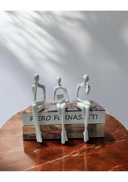 3'lü Oturan Insan Dekoratif Polyester Obje Beyaz