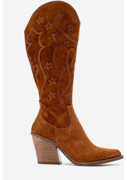 Kadın Yüksek Topuk Sivri Burun Çizme Gerçek Süet Deri Zy 1609 Taba