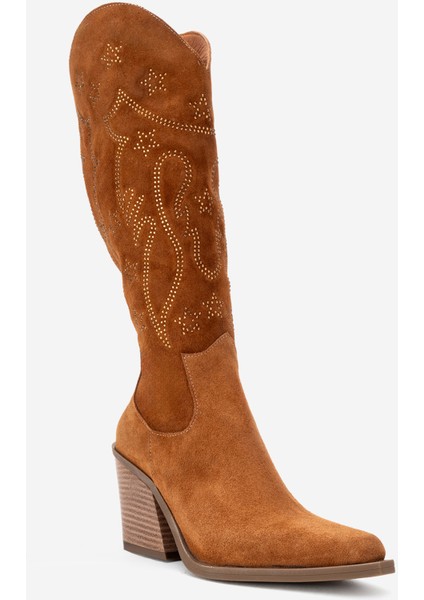 Kadın Yüksek Topuk Sivri Burun Çizme Gerçek Süet Deri Zy 1609 Taba modelleri