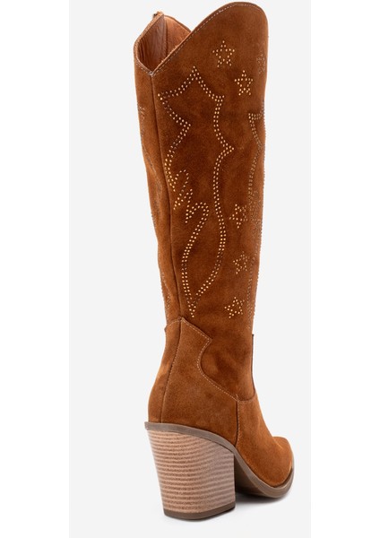 Kadın Yüksek Topuk Sivri Burun Çizme Gerçek Süet Deri Zy 1609 Taba fırsatları