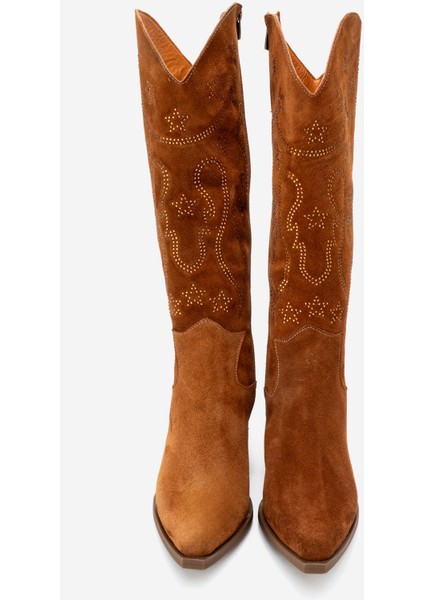 Kadın Yüksek Topuk Sivri Burun Çizme Gerçek Süet Deri Zy 1609 Taba indirimleri