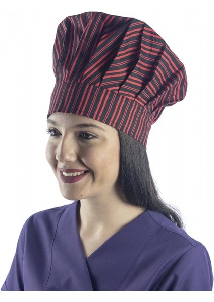 Kırmızı Siyah Çizgi Desenli Aşçı Mantar Şapka - Unisex