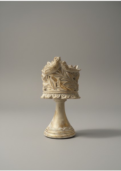 Dekoratif Polyester Kuşlu Ayaklı Şamdan Mumluk Krem Eskitme 23X11X10 cm