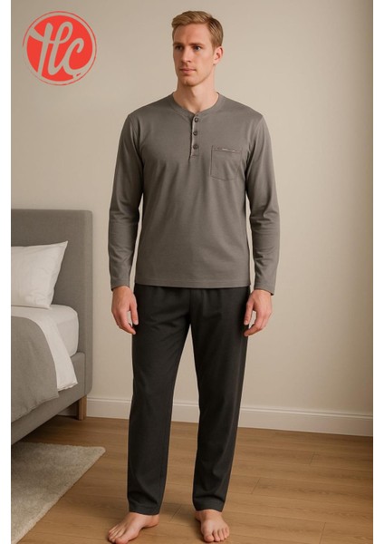 28301 Erkek 4 Mevsim Rahat Pamuklu Süprem Kumaş Uzun Kollu Pijama Takım