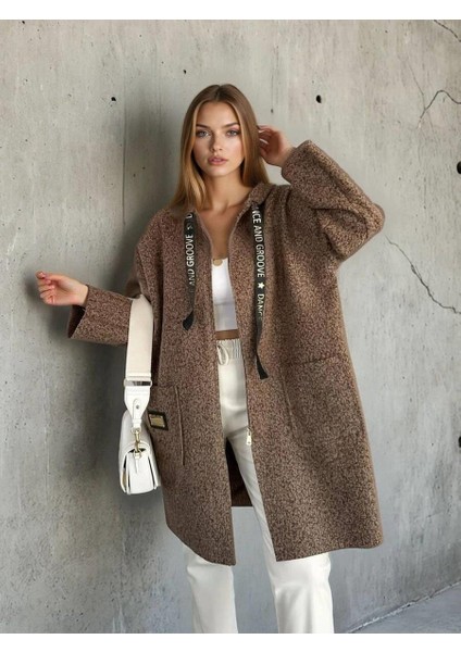 M39113 Kadın Kapüşonlu Torba Cep Astarsız Hafif Buklet Kaşe Oversize Kaban Kahve