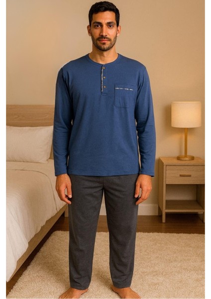 28301 Erkek 4 Mevsim Rahat Pamuklu Süprem Kumaş Uzun Kollu Pijama Takım