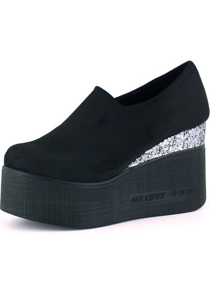 Lumi Siyah Süet Yuvarlak Burun Taşlı Gizli Dolgu Topuklu Günlük Ayakkabı
