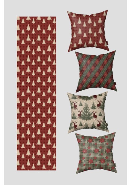 Bordo Yeşil Çam Ağacı ve Poinsettia Çiçeği Yılbaşı 4 Kırlent Kılıfı 1 Runner Seti