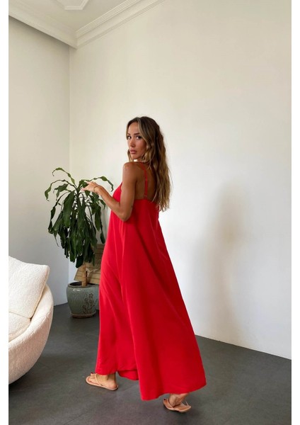 Kırmızı Özel Aerobin Kumaş Ayarlanabilir Askılı Uzun Siyah Elbise