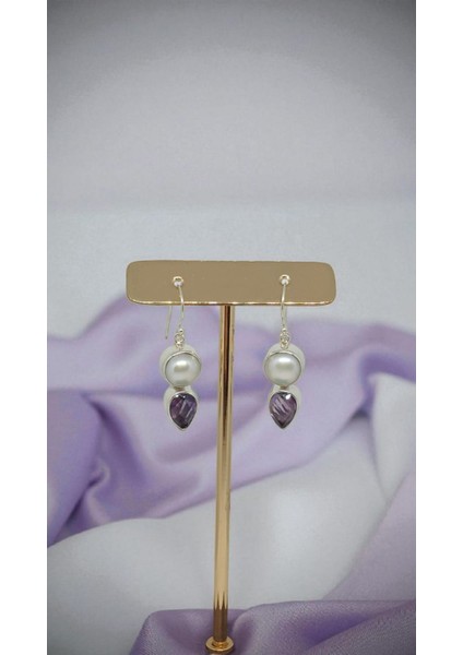 Ametist ve Inci Taşlı El Işçiliği 925 Ayar Gümüş Küpe | Zarif Doğal Taş Kadın Küpe