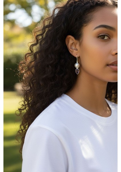 Ametist ve Inci Taşlı El Işçiliği 925 Ayar Gümüş Küpe | Zarif Doğal Taş Kadın Küpe modelleri