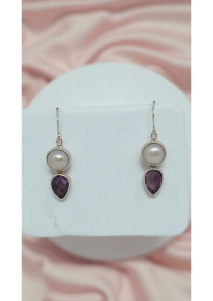 Ametist ve Inci Taşlı El Işçiliği 925 Ayar Gümüş Küpe | Zarif Doğal Taş Kadın Küpe fırsatları