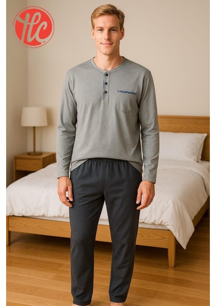 28301 Erkek 4 Mevsim Rahat Pamuklu Süprem Kumaş Uzun Kollu Pijama Takım