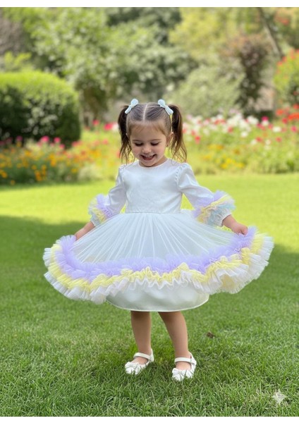 Kız Çocuk Elbise Prenses Kabartmalı Elbise Doğum Günü Party Balo Kol Etek Fırfırlı 1 -5 Yaş