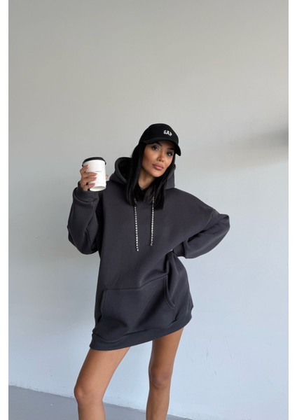 Kadın Kapüşonlu Taş Detaylı Sweatshirt Elbise