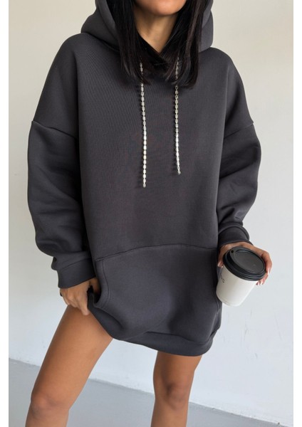 Kadın Kapüşonlu Taş Detaylı Sweatshirt Elbise fiyatları