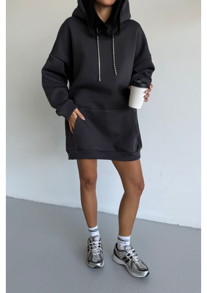 Kadın Kapüşonlu Taş Detaylı Sweatshirt Elbise indirimleri