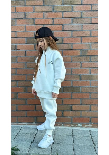 Unisex Oversize Fermuarlı Yaka Şardonlu Çocuk Takımı Beyaz - 7-8 Yaş modelleri