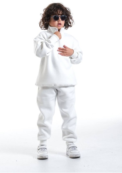 Unisex Oversize Fermuarlı Yaka Şardonlu Çocuk Takımı Beyaz - 7-8 Yaş fırsatları