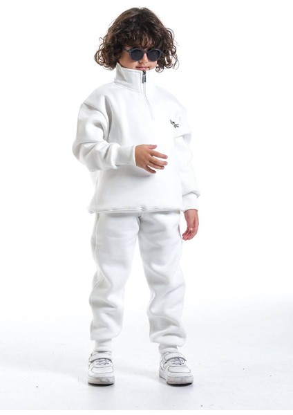 Unisex Oversize Fermuarlı Yaka Şardonlu Çocuk Takımı Beyaz - 7-8 Yaş indirimleri