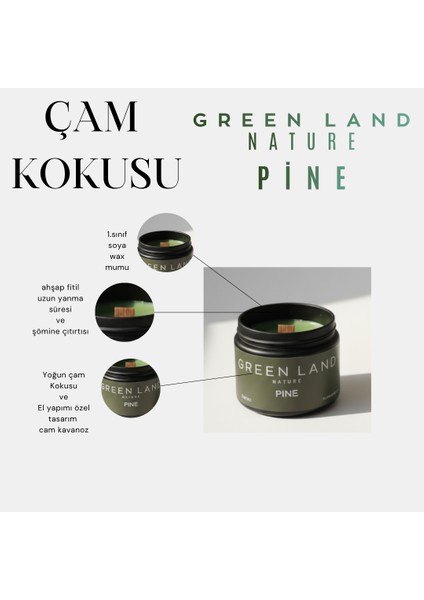 Green Land – Özel Tasarım Çam Kokulu Mum (250GR) Doğal Vegan Soya Wax | Ahşap Fitil | Özel Cam Kavanoz fiyatları