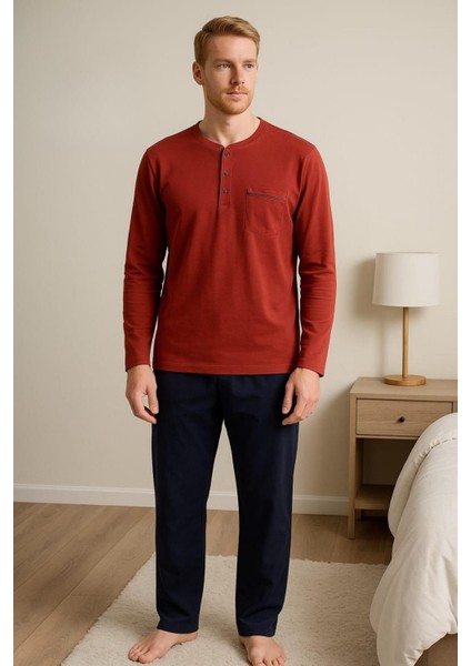 28301 Erkek 4 Mevsim Rahat Pamuklu Süprem Kumaş Uzun Kollu Pijama Takım