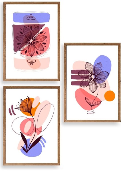 Çiçek Desenli Üçlü Ahşap Çerçeveli Tablo