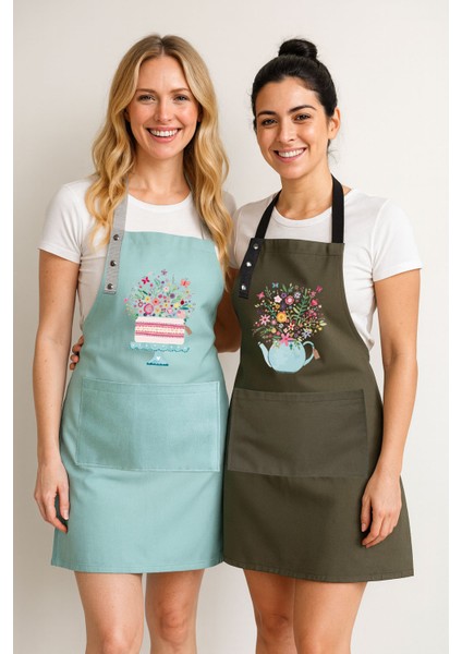 Mutfak Önlüğü Seti 2'li Leke Tutmaz Su Itici Kumaş Solmaz Baskı Çiçekli Pasta ve Demlik Desenli