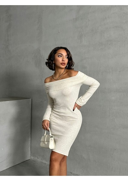 Ekru Madonna Yaka Kaşkorse Midi Boy Kalem Elbise 1.sınıf Kaşkorse Kumaş