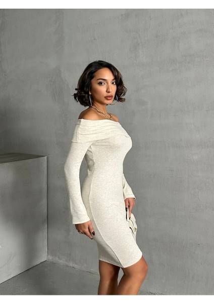 Ekru Madonna Yaka Kaşkorse Midi Boy Kalem Elbise 1.sınıf Kaşkorse Kumaş