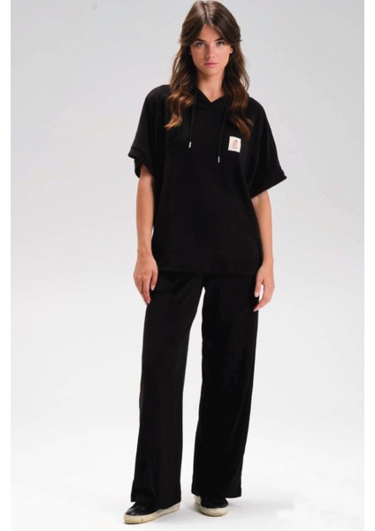 Kadın Kısa Kollu Kapüşonlu Siyah Renk Polar Eşofman Takım C5T2N1