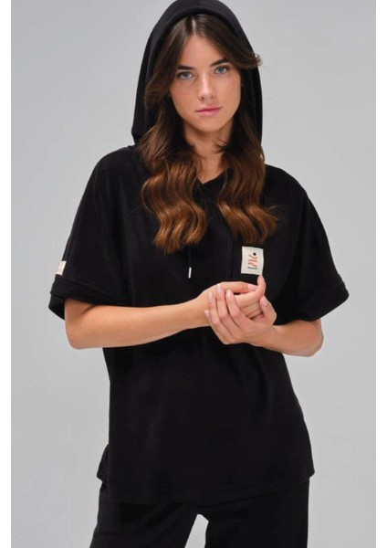 Kadın Kısa Kollu Kapüşonlu Siyah Renk Polar Eşofman Takım C5T2N1 modelleri