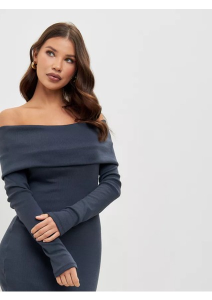 Kaşkorse Madonna Yaka Uzun Kollu Mini Elbise-Antrasit Gri