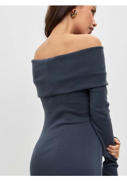 Kaşkorse Madonna Yaka Uzun Kollu Mini Elbise-Antrasit Gri modelleri